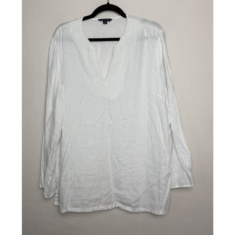 Lands' End Womens White Linen Long Sleeve Shirt Size XL 18-20 Beaded Trim